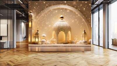 Golden and white ornamented Islamic background with elegant lanterns Wall mural