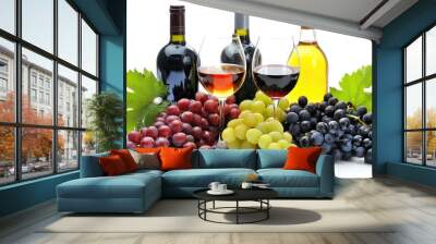 Grapes glasses and wine bottles on white background Wall mural