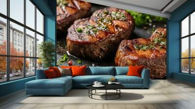 Grilled picanha steaks, seasoned, on stone backdrop. Wall mural