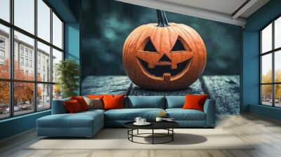 Halloween decoration with jack o lantern on wooden surface Wall mural