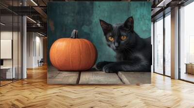 Halloween pumpkin and black cat on wooden table Wall mural