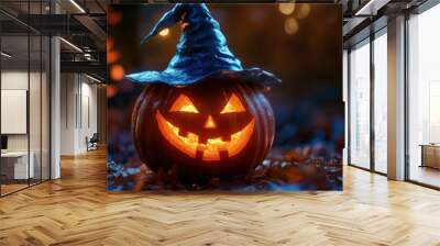 Halloween pumpkin close up with pointed hat Wall mural