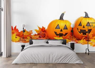 Halloween pumpkins and autumn leaves on white background Wall mural