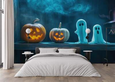 Halloween pumpkins on a shelf with a dark background featuring a monster and ghost Wall mural