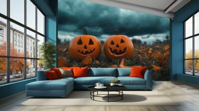 Halloween pumpkins under moody skies Wall mural