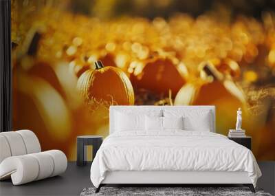 Harvested ripe pumpkins in bright sunlight during autumn with a zoom blur effect Wall mural