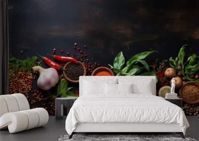 High quality photo of herbs and spices for cooking on a dark background with copy space for a mock up banner Wall mural