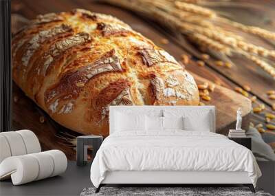 Homemade bread with wheat spikelets on wooden board Wall mural