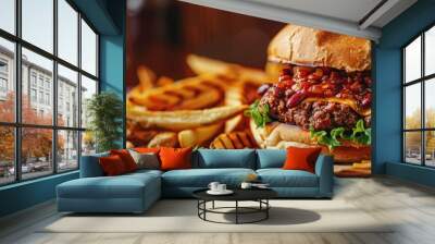 Homemade chili burger served with crispy French fries Wall mural