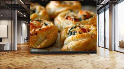 Homemade puff pastry pizza rolls with spinach, chicken, and cheese, taste delicious. Wall mural