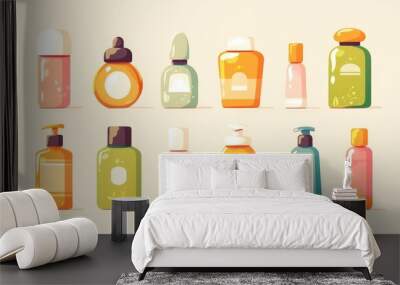 Illustration of a Cartoon style Icon depicting Jar Cosmetic Hair Mask Balm Conditioner Shampoo Cream and Scrub presented as Beauty Products in Bottles with Caps The design showcases Plastic Wall mural