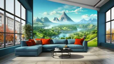 Illustration of a green forest highway in a floating isolated land with a beautiful landscape including mountains a volcano trees and animals as well as a realistic road waterfall and grass Wall mural