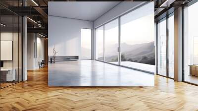 Illustration of an empty room with a breathtaking view of mountains through a large window. Generative AI Wall mural