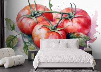 Illustration of three ripe tomatoes still attached to their vine. Generative AI Wall mural