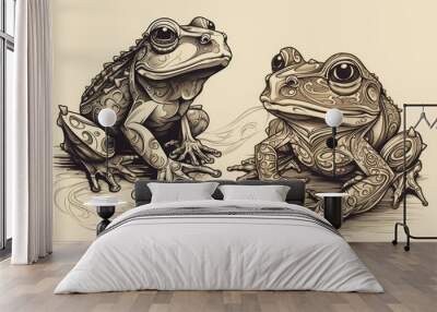 Illustration of two frogs sitting together on a lily pad. Generative AI Wall mural