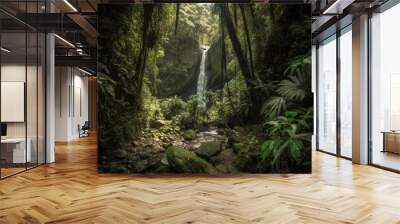 imposing waterfall in Costa Rica's tropical rainforest. tropics hike. Generative AI Wall mural