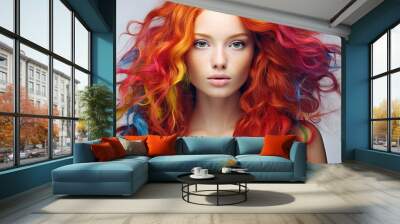 In a stunning fashion shoot, a cute girl with radiant red hair stands out in a white background, her beauty captivating the camera as the vibrant colors of art and fashion enhance her portrait Wall mural