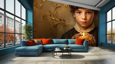 In the heart of JerCountrylem, a boy with a deep sense of spirituality admired the vintage gold ornament, intertwined with a religious design, symbolizing the rich culture and holy belief of Judaism Wall mural