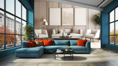 In the living area with wood paneling and beige interior accents, three paintings are positioned above four seats. Parquet. a mockup an idea for a contemporary, elegant home design. Generative AI Wall mural