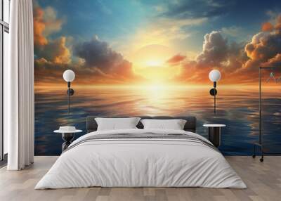 In the natural landscape, the sun is setting over the liquid water of the ocean, with cumulus clouds in the sky creating a beautiful afterglow during dusk Wall mural