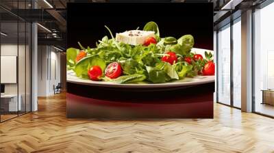 In the white-themed restaurant, a delectable plate of healthy cuisine was elegantly presented on the table, adorned with a vibrant green salad, red tomatoes, and creamy cheese, transforming it into an Wall mural