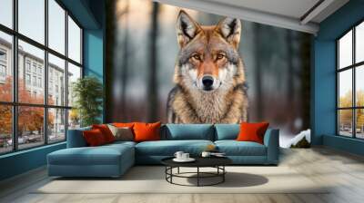 In winter, a close up horizontal portrait of a Eurasian wolf (Canis lupus) looking straight at the camera while a forest in the background is blurred. East Europe. Generative AI Wall mural