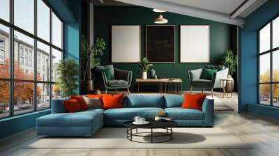 Interior of a dark living room with two empty white posters on a green wall, a sofa and armchairs on a concrete floor, a coffee table, and a carpet. idea for a welcoming meeting spot. a mockup Wall mural