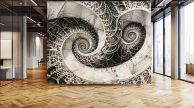 Intricate and complex Fibonacci fractal black and white drawing with ornamental zen tangle design created using silver graphite on textured paper with reflective marks dense pencil lines gr Wall mural