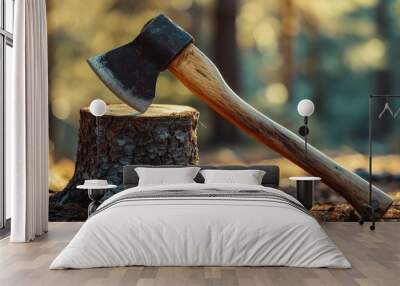 Iron ax with wooden handle jammed in tree stump. Wall mural