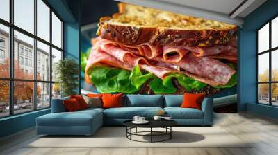 Italian Mortadella Sandwich with Lettuce on a Blue Plate Wall mural