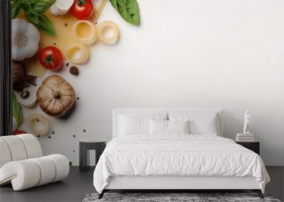 Italian pasta cooking ingredients cherry tomatoes mushrooms garlic basil parmesan mozzarella cheese spaghetti olive oil cream top view Wall mural