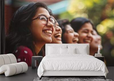 Joyful Indian Asian college students/friends laughing together on campus. Wall mural