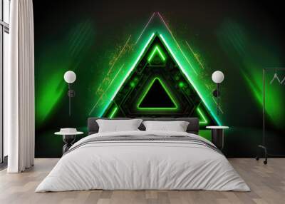 Laser Neon Neon Vibrant Electric Smoke Triangle Podium Garage Sci Fi Cyber Stage Showroom Green Lights Luminous Concrete Futuristic Dark Night Club Dance illustration. Generative AI Wall mural