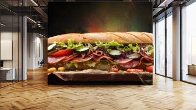 Lettuce, tomatoes, cucumber, ham, salami, and cheese on a ciabatta sandwich. Wall mural