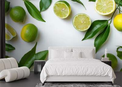 Lime and lemon images on tree branches and white background Wall mural