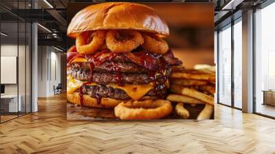 Loaded cheeseburger with onion rings, bacon, BBQ sauce, and fries. Wall mural