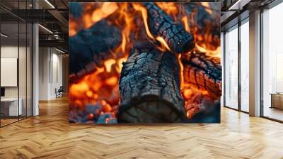 Logs burning in a campfire providing warmth and used for cooking at a picnic Wall mural