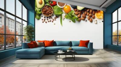 Long banner format featuring a variety of superfoods on a white background including organic and healthy vegan options like legumes nuts seeds greens oil and vegetables Wall mural