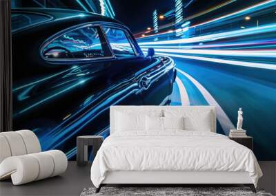 Long exposure photograph of blue car lights at night Wall mural