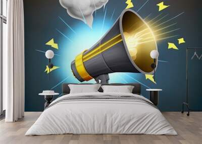 Loudspeaker with lightning with clouds and stars around. Marketing or advertising concept, 3d megaphone loudspeaker with yellow lightnings. Realistic 2d illustrated illustration Wall mural