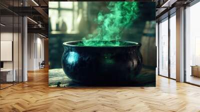 Magical cauldron with mysterious potion and green smoke illuminated from a vintage black pot while a wizard brews and mixes dark spells in a fantasy setting Wall mural