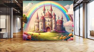 Magical kingdom with a castle fit for a princess. Beautiful flower meadow and old fashioned palace, with a rainbow in the background. Wonderland. Childlike cartoon art. Lovely tale about love and devo Wall mural