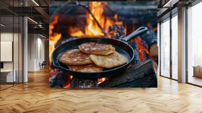 Making campfire pancakes for breakfast by cooking them on a pan over an open flame Wall mural