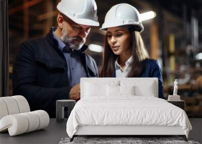 Male and female engineers in hard hats make calculated engineering decisions while discussing a new project and using a tablet computer at a heavy industry factory. Wall mural