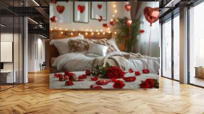 Marking Saint Valentine s Day with red roses strewn on the bed and heart shaped air balloons adorning the room A lovely gesture for your significant other on Valentine s Day or Women s Day Wall mural