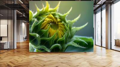 mesmerizing macro shot of a sunflower bud: captivating close-up of a sunflower flower bud in macro s Wall mural