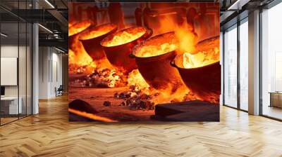 Metal casting in a blast furnace at a metallurgical plant or factory with liquid iron being poured into a container against a heavy industry backdrop Wall mural