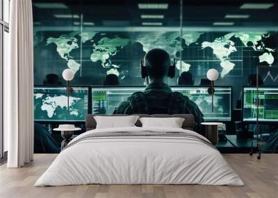 Military personnel, computer experts in office monitoring cybersecurity and control room, Army collaboration on database research. Wall mural