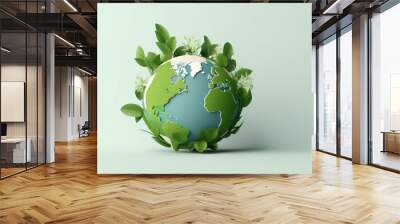 Minimalistic an isolated Earth and green leaves in cartoon style conveying the concept of ecology and the environment Wall mural