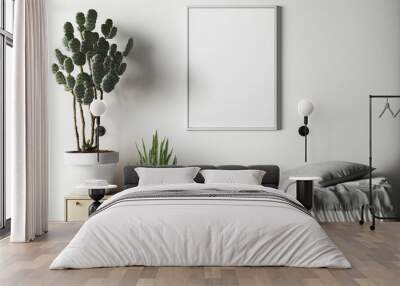 Mock up of a blank, white canvas on a gray wall. Interior in a contemporary bohemian style with a poster art template. Blank frame mockup with no copy. Generative AI Wall mural